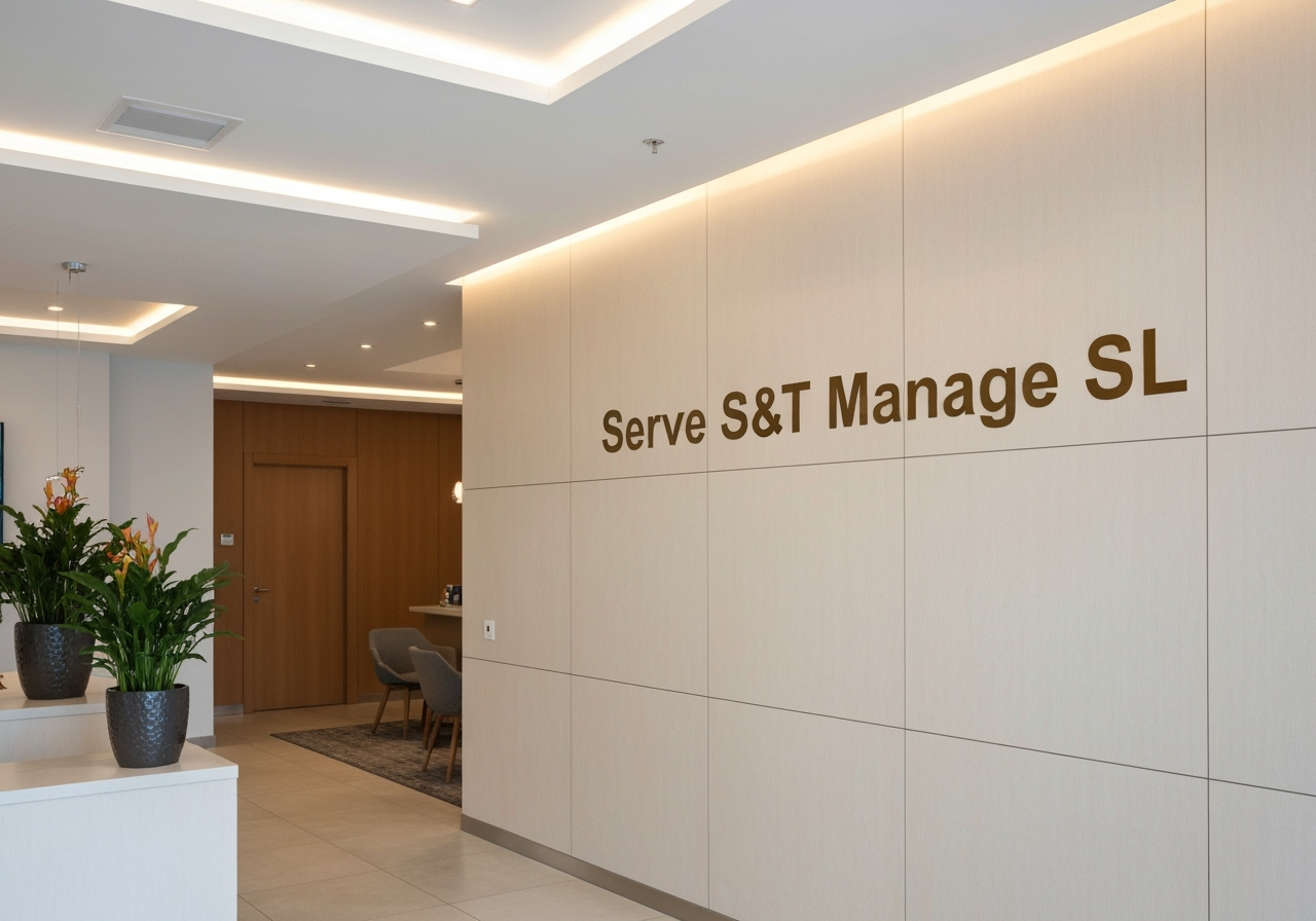 Serve S&amp;T Manage SL 优雅而现代的大堂配有金色的公司标志，彰显了其在旅游公寓管理方面的专业性和可靠性。
