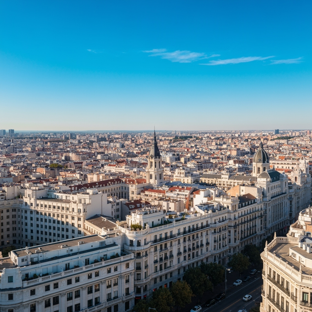 马德里市中心旅游公寓楼的鸟瞰图，拥有明媚的阳光和湛蓝的天空，适合专业和高品质使用。