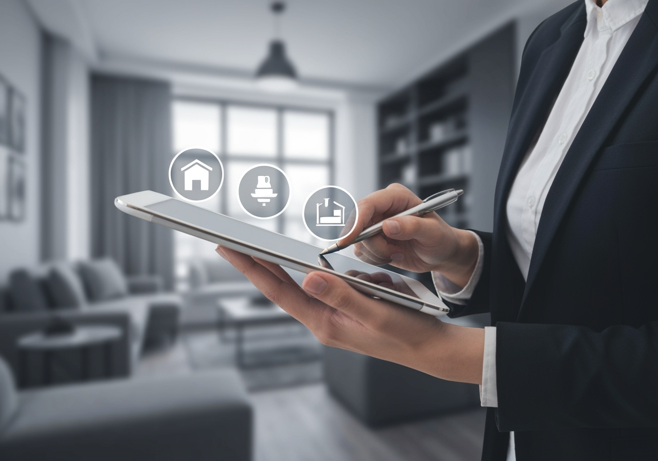 专业人士使用带有公寓预订图标的平板电脑，用于专业和高品质用途，具有现代而优雅的公寓的模糊背景。
