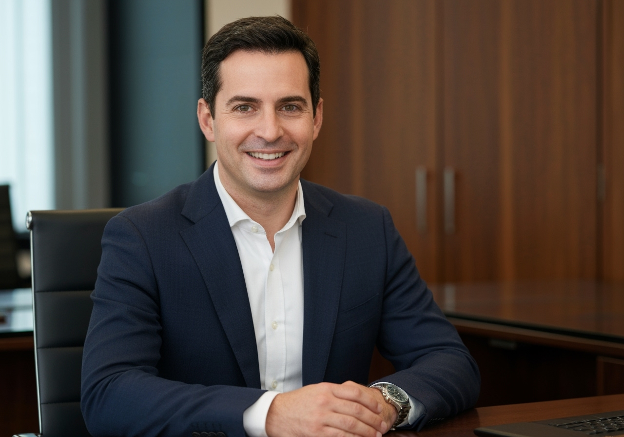 肖像画中是一位面带微笑、友善的专业人士，他可能是 Serve S&amp;T Manage SL 团队的创始人或关键成员，身处时尚的办公环境，适合专业和高品质的使用。