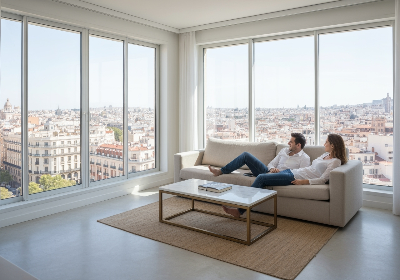 一对夫妇正在马德里享受一间明亮而现代的旅游公寓，透过大窗户可以欣赏到城市美景，适合专业用途且质量上乘。